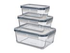 Stack of three rectangular glass food storage containers with blue-grey locking lids.