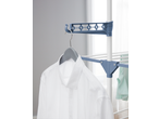 White shirt on a hanger on a drying rack, with a blue clothes hanger attachment above.