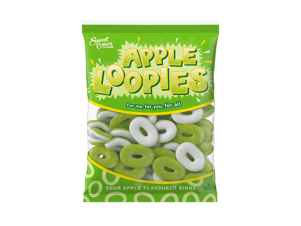 Sachet vert d'anneaux acidulés à la pomme avec le texte « Apple Loopies ».
