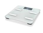 White digital bathroom scale with a glass surface and silver electrodes.