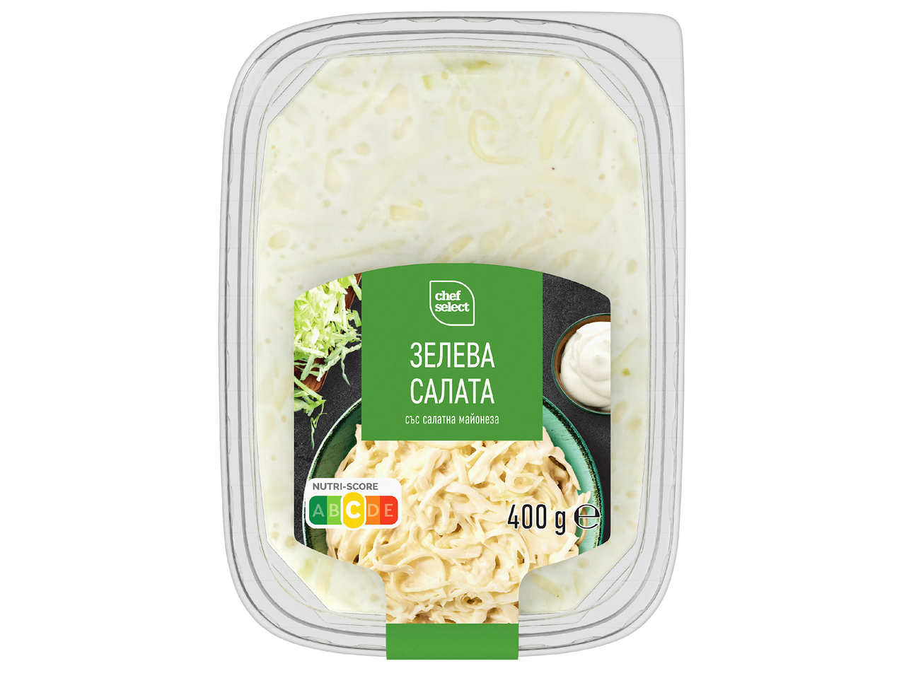 Опаковка салата от зеле с майонеза, 400 г, с Nutri-Score C.