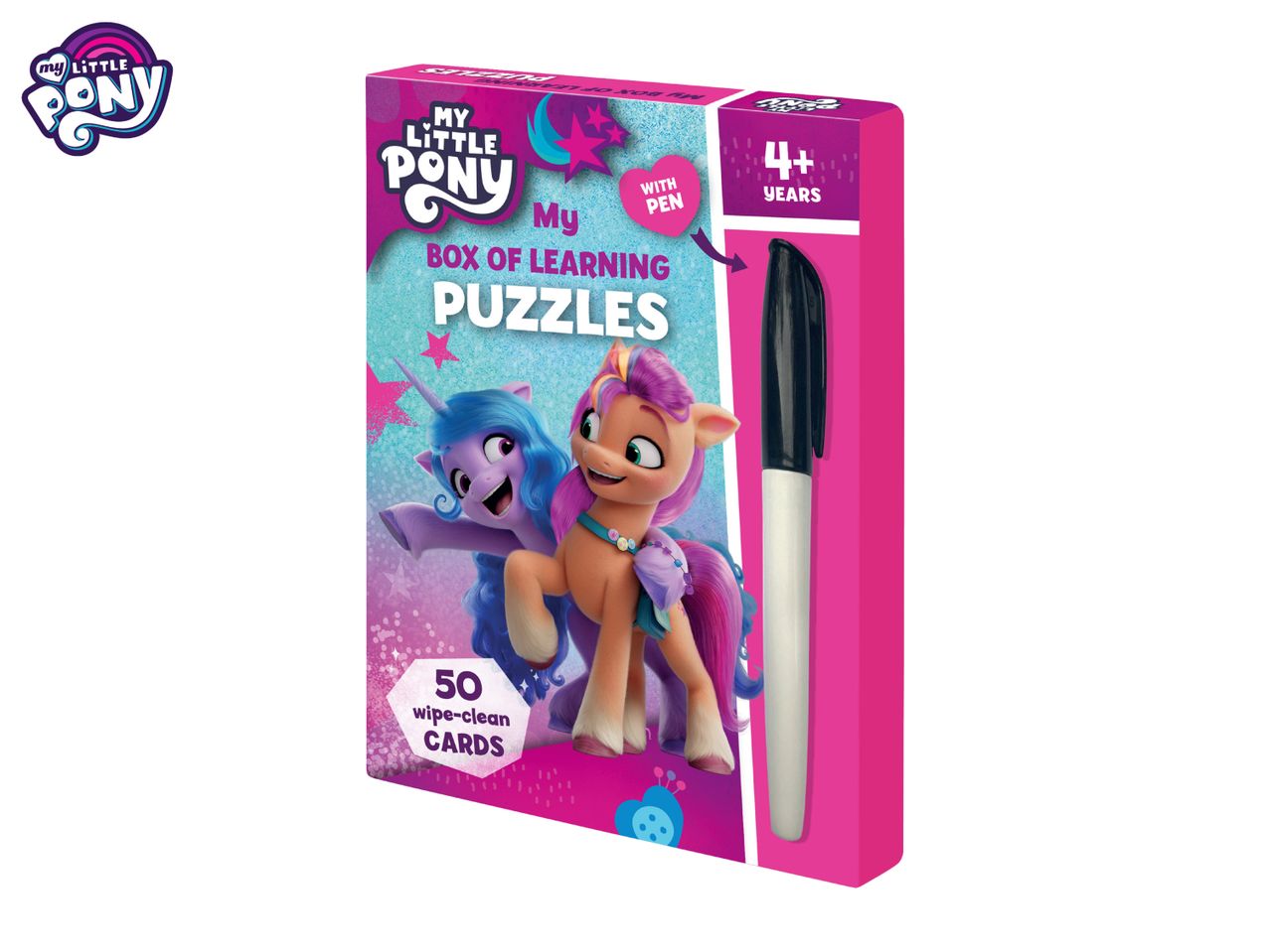 My Little Pony learning puzzles box with 50 wipe-clean cards and a pen, for ages 4+