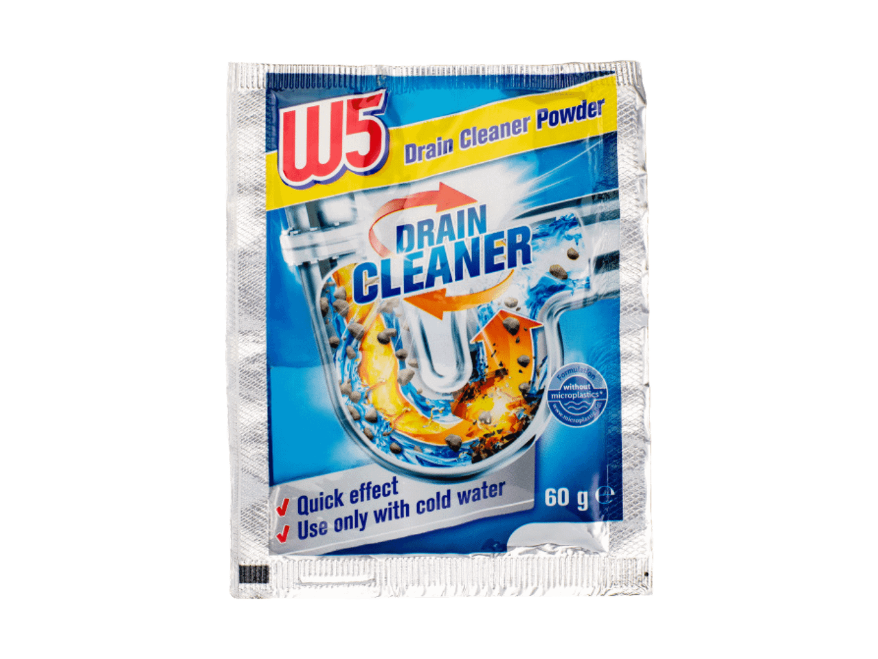 Pakovanje praška za čišćenje odvoda sa natpisom „Drain Cleaner Powder“ i „Quick effect“.