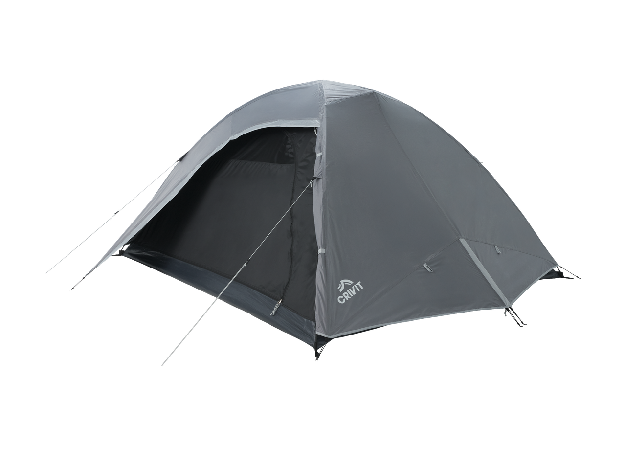 Сива куполна палатка с отворен вход и опънати въжета на черен фон.