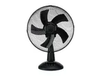 Black table fan with a protective mesh and speed control buttons on the base.