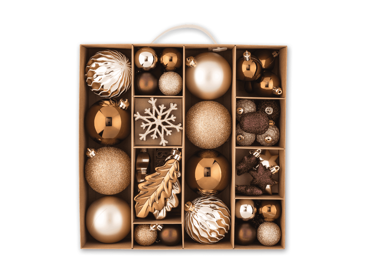 Weihnachtskugeln in Gold- und Brauntönen, glänzend und matt, in einer Schachtel.