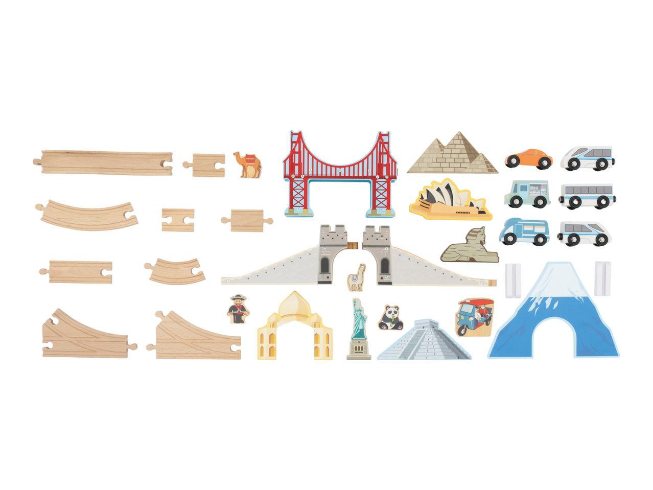 Wooden train tracks and world landmark play pieces including the Golden Gate Bridge and pyramids.