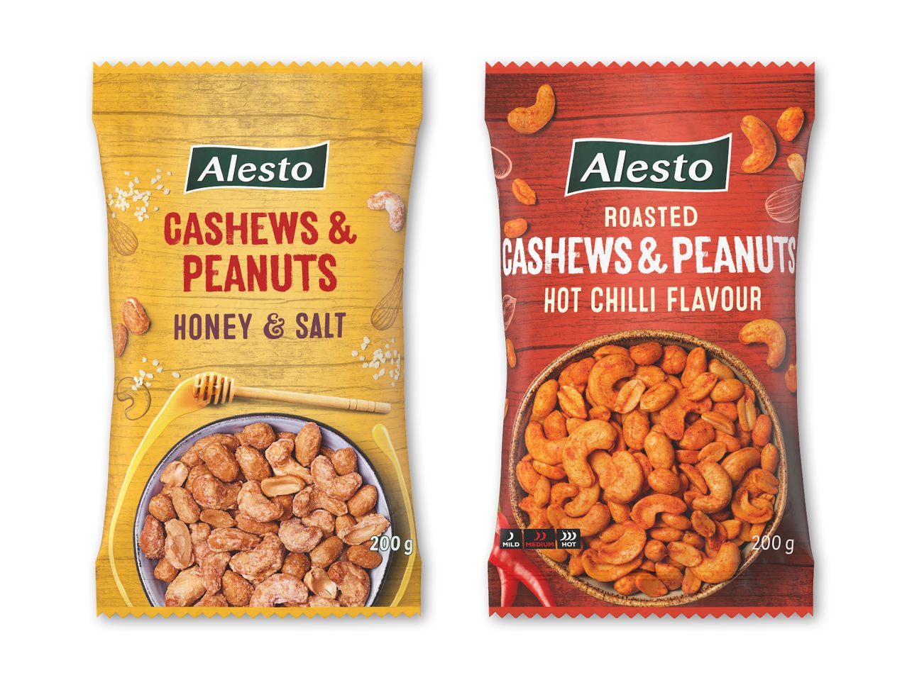 To poser cashewnødder og peanuts: en med honning og salt, en anden med hot chili smag.