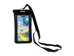 Black waterproof phone pouch with a smartphone displaying app icons and a strap.