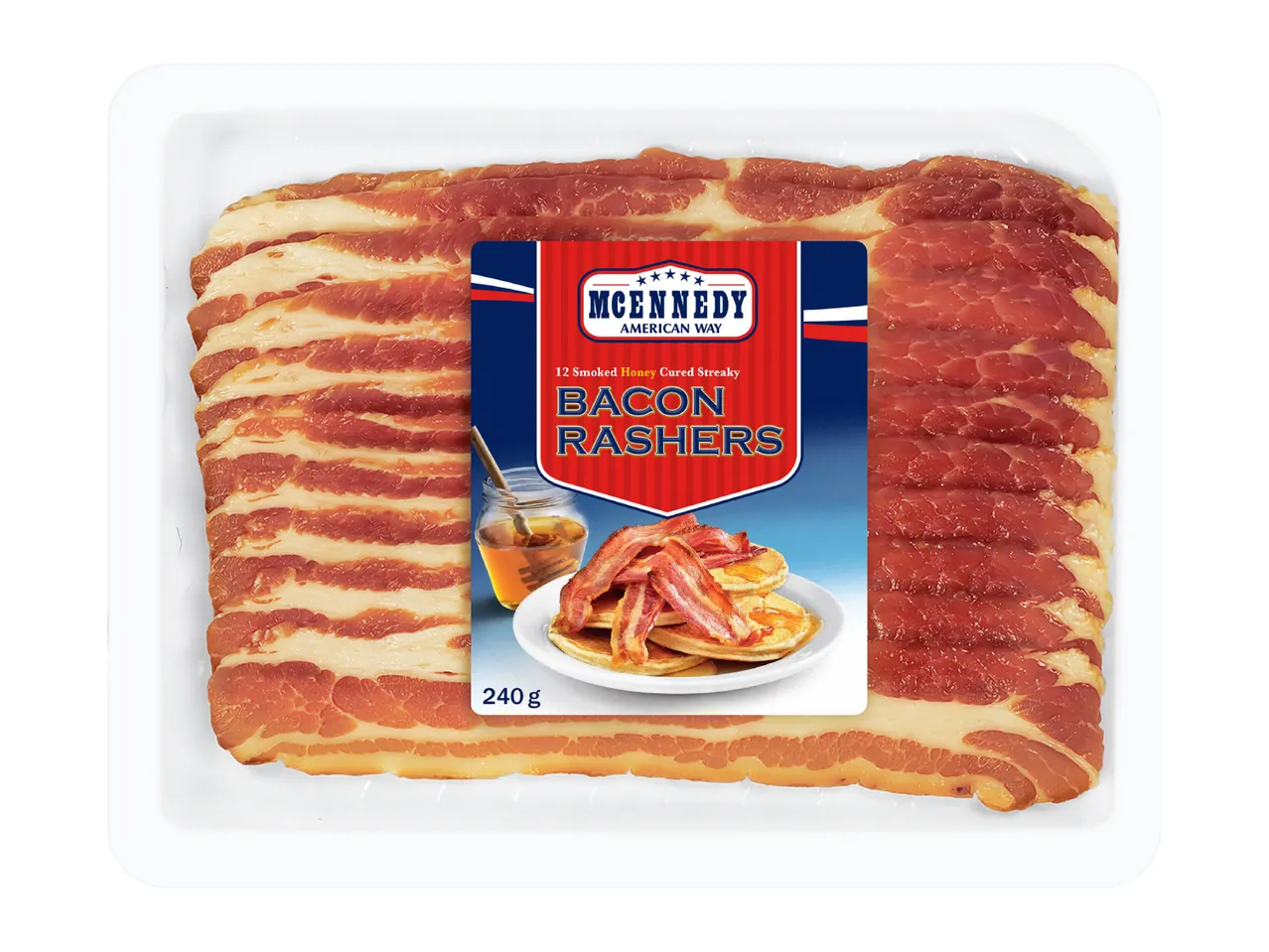 A pack of 12 smoked honey cured streaky bacon rashers, 240g.