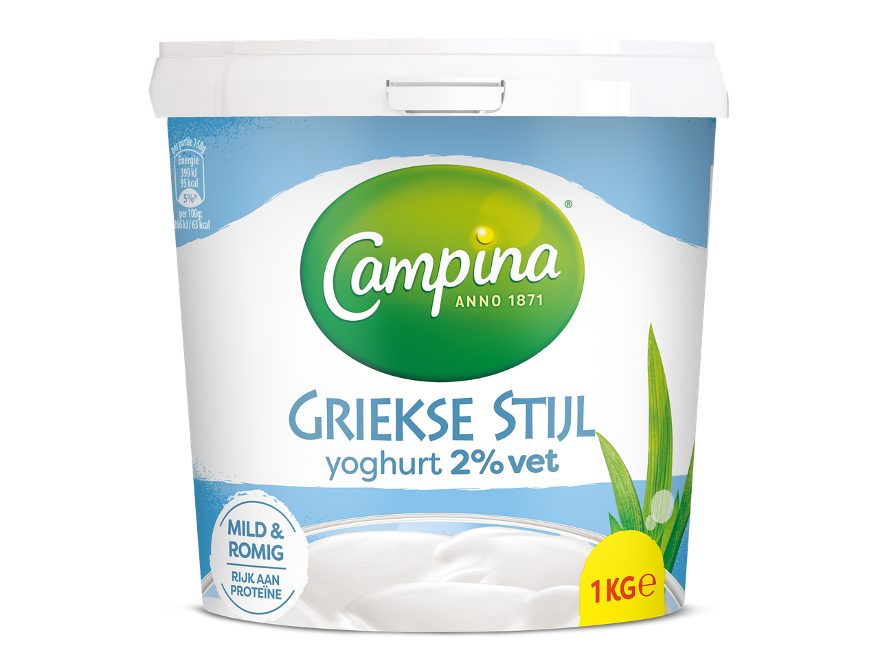Griekse stijl yoghurt 2% vet in een witte emmer van 1 kg, mild en romig, rijk aan proteïne.