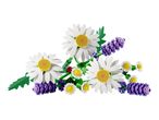 A bouquet of white daisies and purple lavender flowers with a ladybug, made from building blocks.