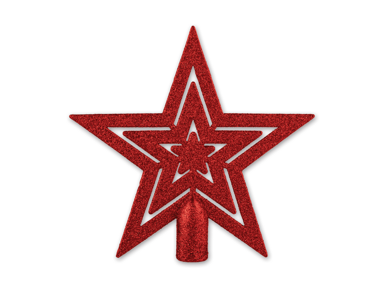 Glitzernder roter Stern als Weihnachtsbaumspitze auf schwarzem Hintergrund