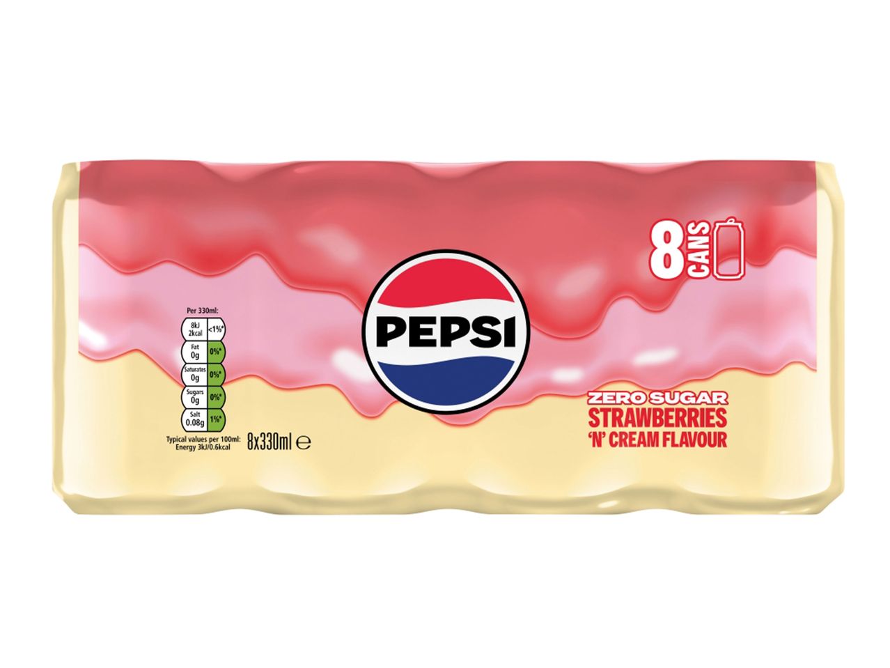 Eight-pack of Pepsi Strawberry and Cream soda cans.