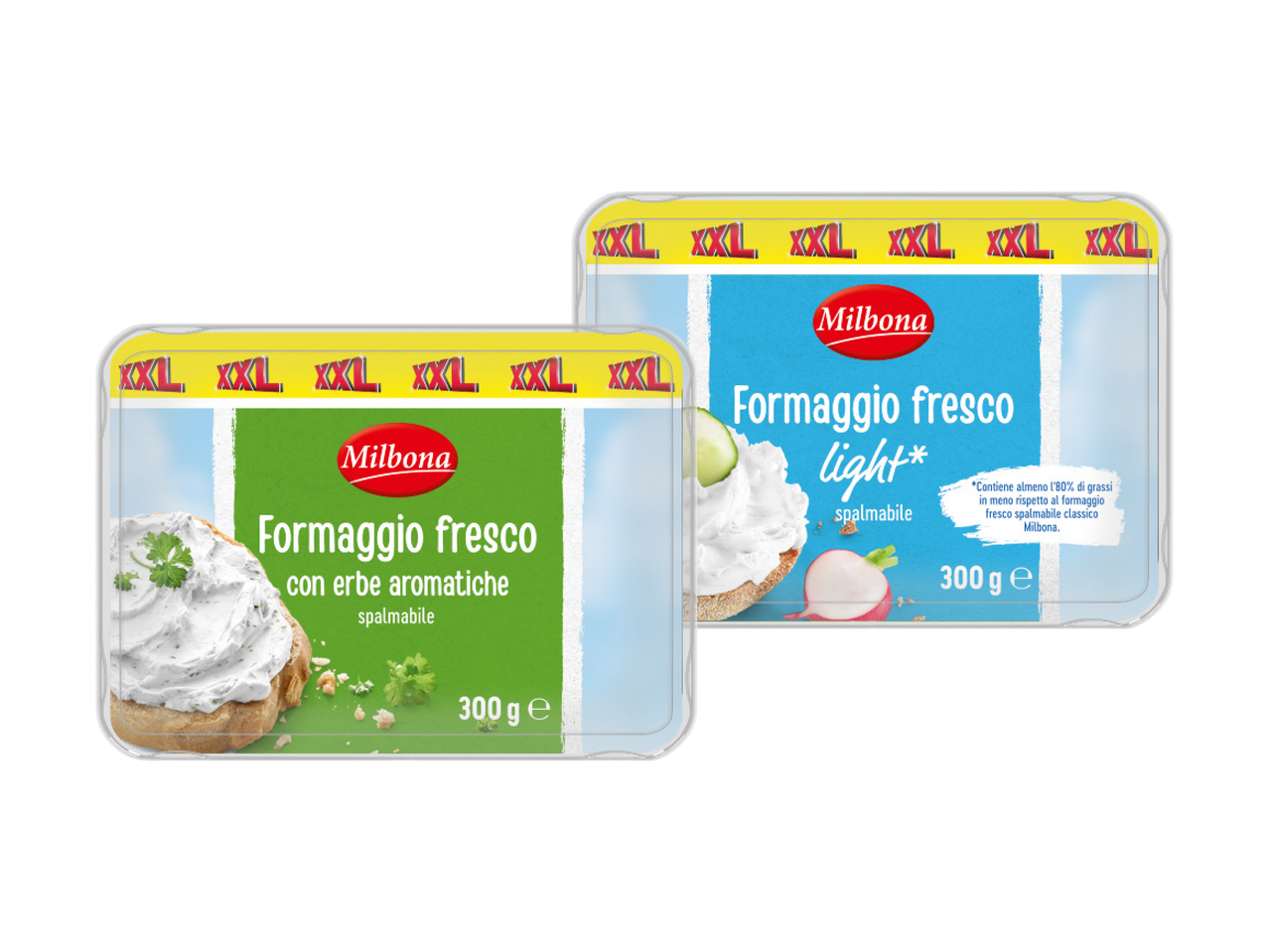 Due vaschette di Formaggio Fresco, uno leggero e uno alle erbe, marchio Selex.