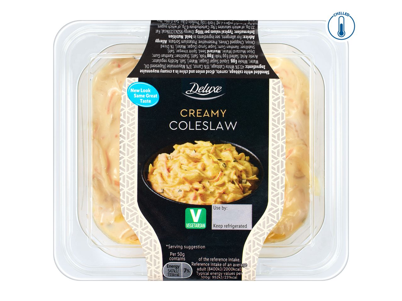 Creamy coleslaw in a clear plastic container with a black label, showing nutritional information.