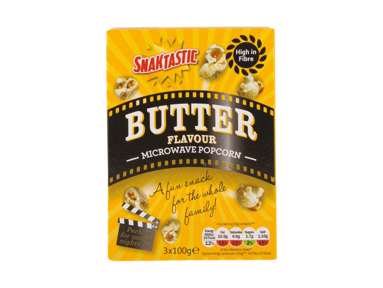 Snaktastic Butter Flavour Microwave Popcorn box with nutritional information.