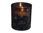 Halloween candle in a glass holder with spiderweb, spiders, and 'Happy Halloween!' text.