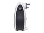 White and black portable electric heater with a UK plug and power switch