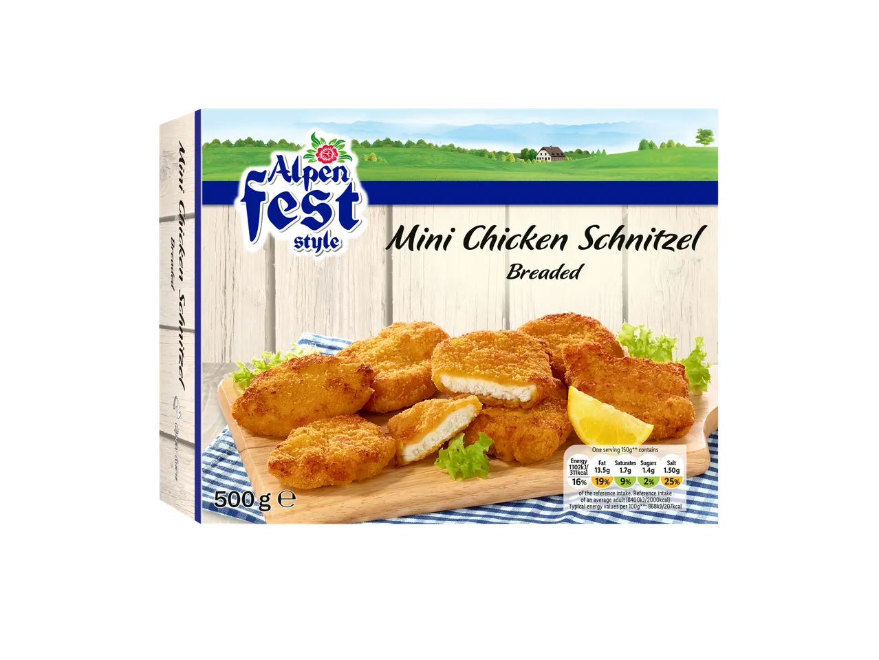 Alpenfest Mini Chicken Schnitzel, breaded, 500g, with nutritional information.