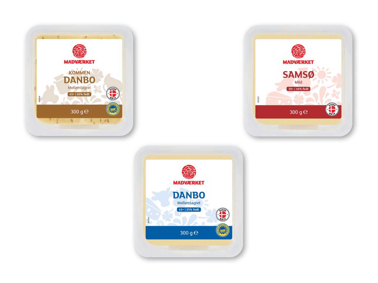 Tre pakker Madværket-ost: to Danbo-oste (mellemlagret) og en Samsø-ost (mild).