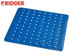 Blue bath mat with a wavy pattern and holes, featuring the RIDDER logo.