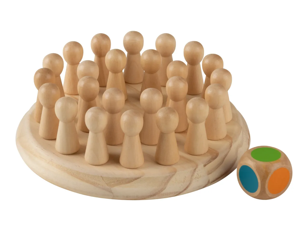 Wooden board game with numerous light-colored pawns and a colorful die.