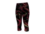 Black capri leggings with a red and green abstract pattern.