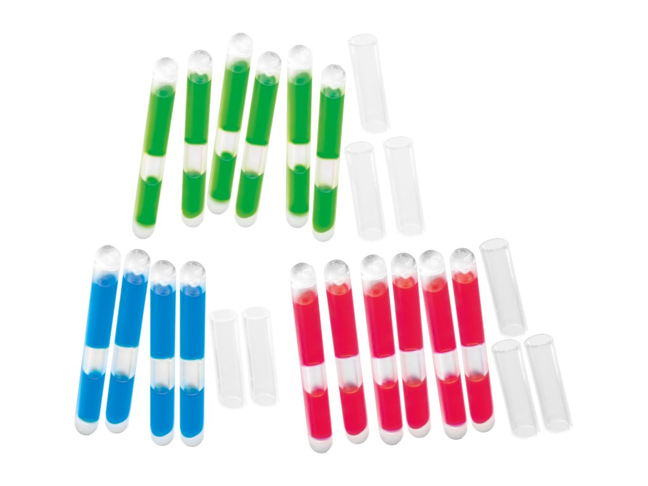Three sets of glow sticks in green, blue, and red, with some clear plastic connectors.