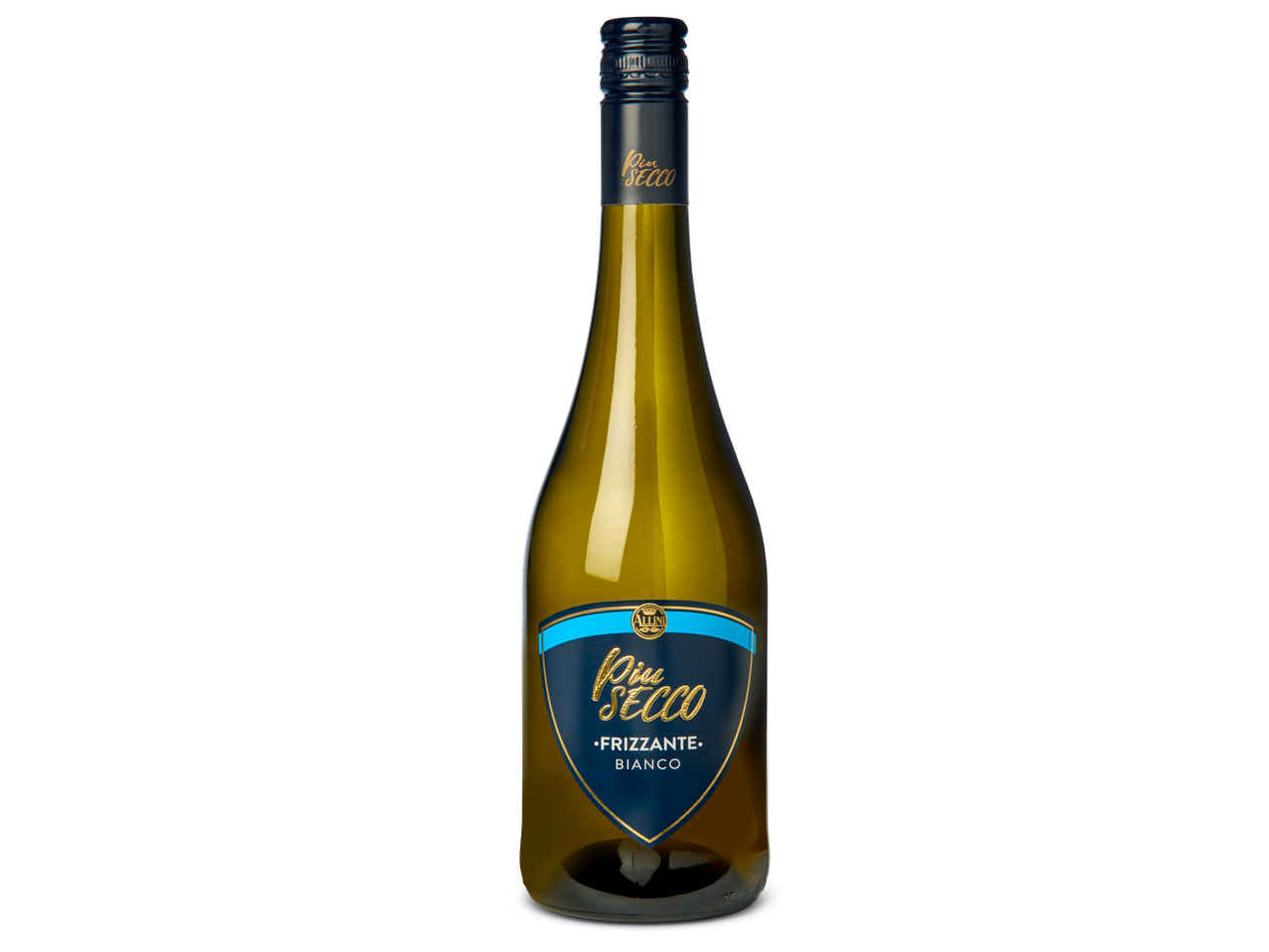 Fles Allini Più Secco Frizzante Bianco witte mousserende wijn.