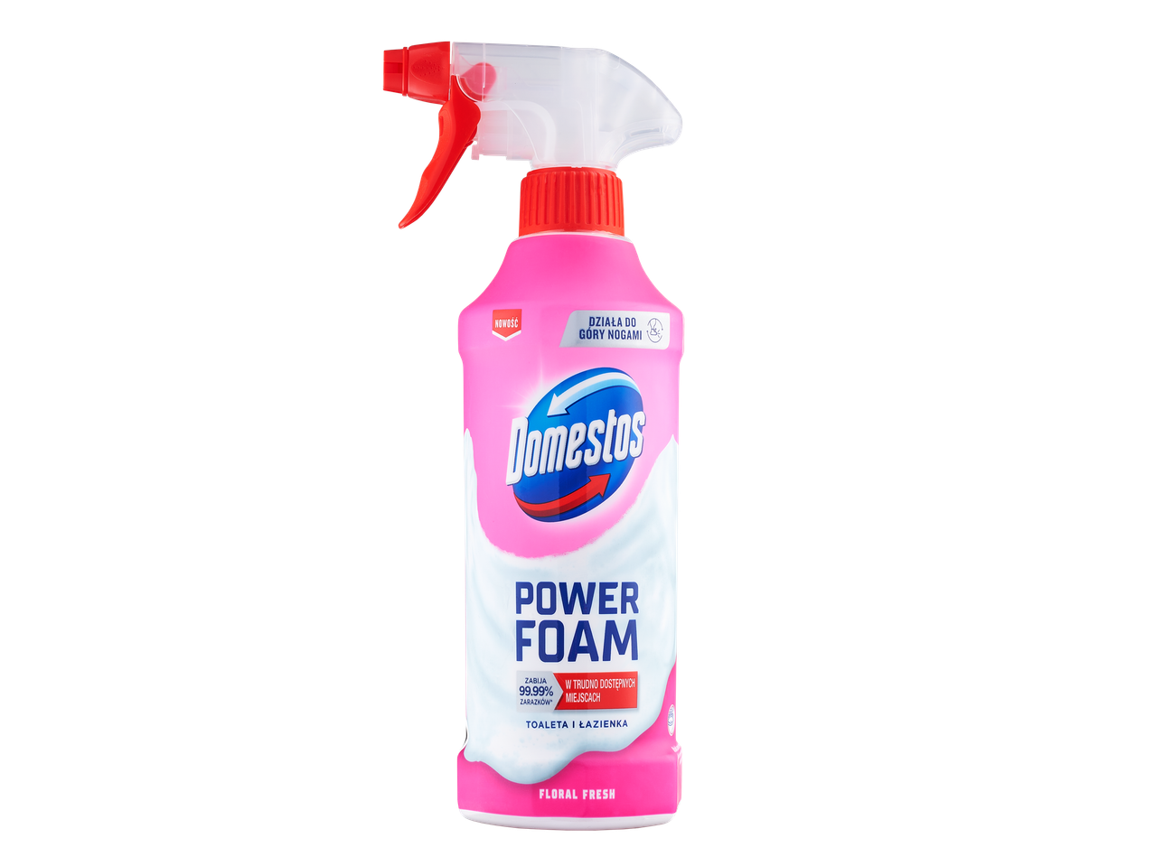 Domestos Power Foam: Rožinis valymo purškalo buteliukas.