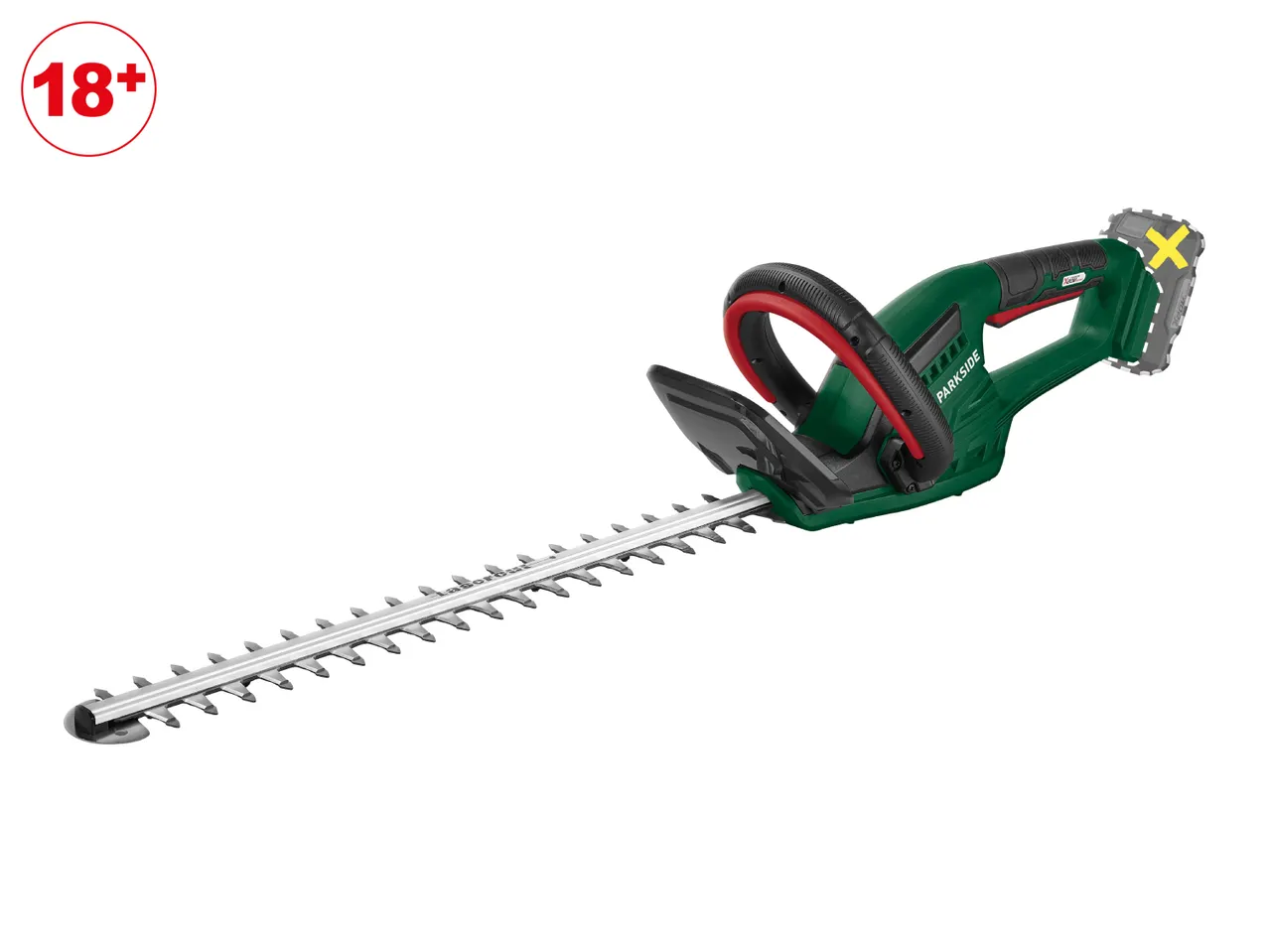 A green cordless hedge trimmer with a long blade and a red handle, with an 18+ age restriction symbol.