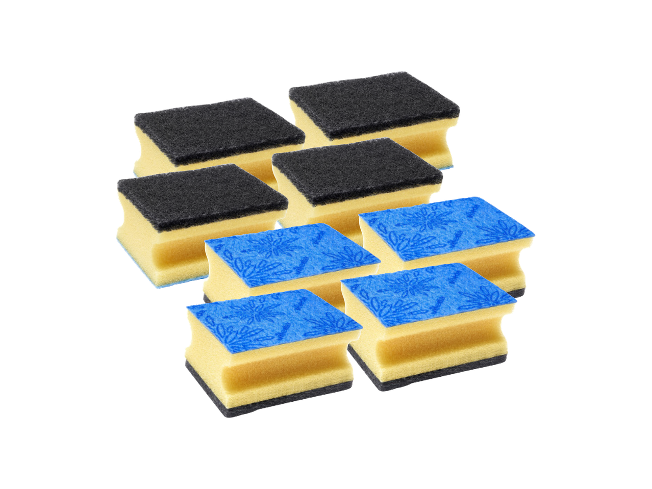 Skupina spužvi za čišćenje s crnim i plavim abrazivnim stranama.