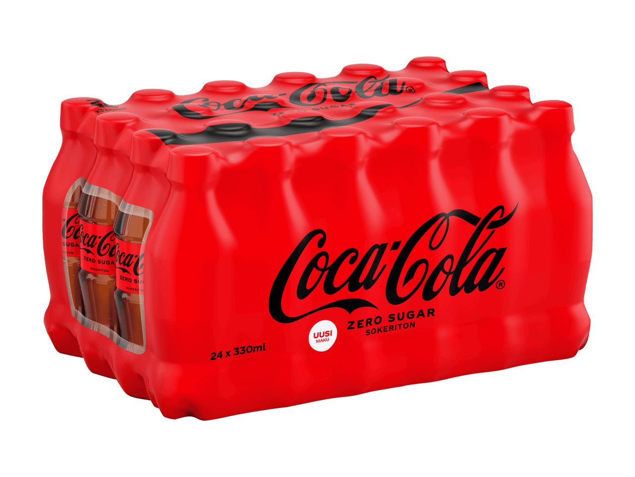 Coca-Cola Zero Sugar 24 x 330 ml pullojen monipakkaus, jossa lukee 'UUSI MAKU'.