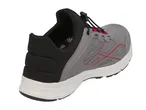 Grey and black athletic shoe with red accents and a quick-lace system, viewed from the back-right.