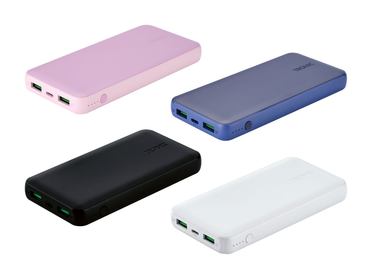Fire TRONIC powerbanks i forskellige farver: lyserød, blå, sort og hvid.