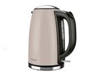 A beige Russell Hobbs electric kettle with a black handle.