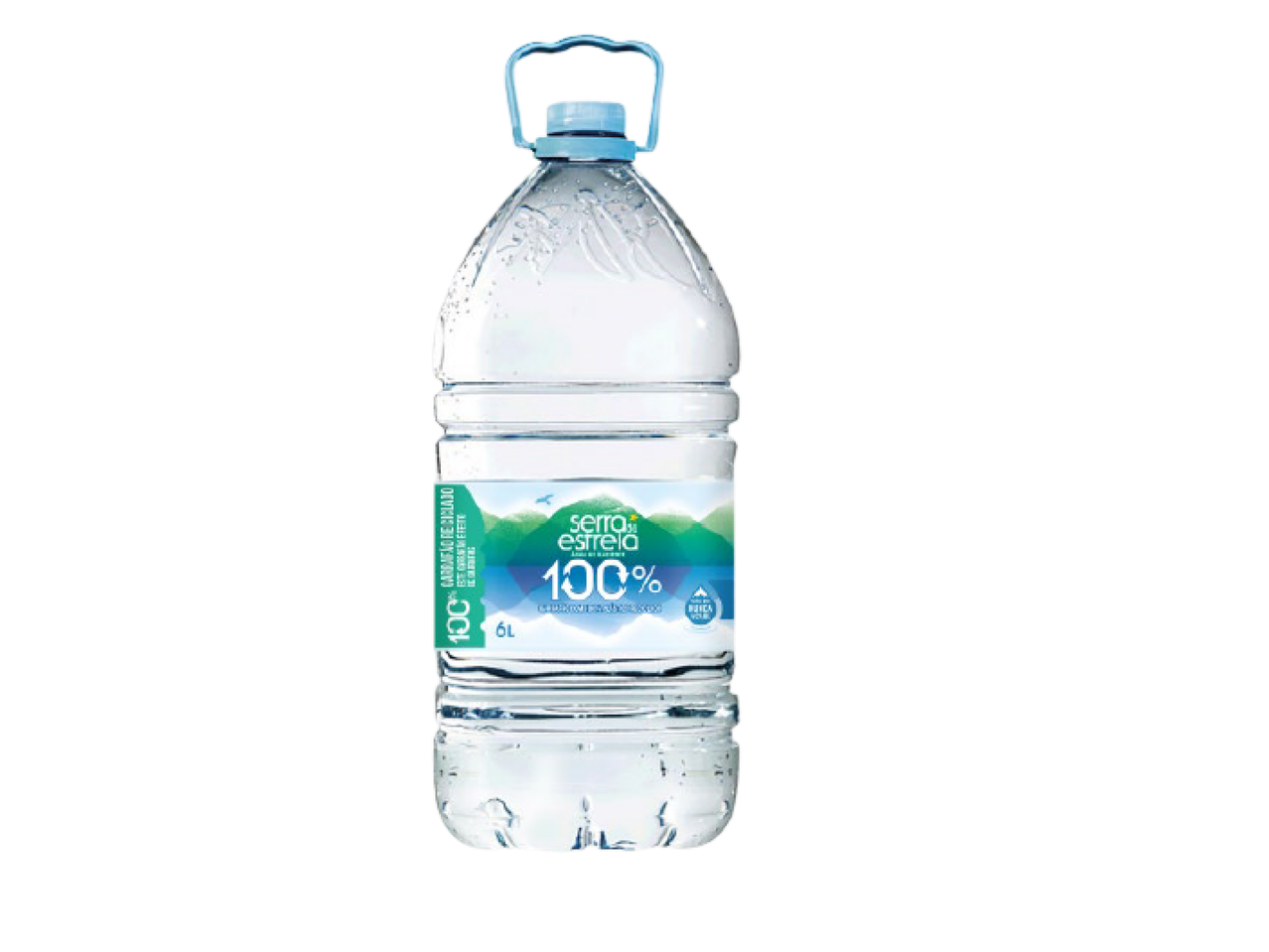 Garrafão de água mineral de 6 litros com rótulo de montanhas e 100% reciclado.