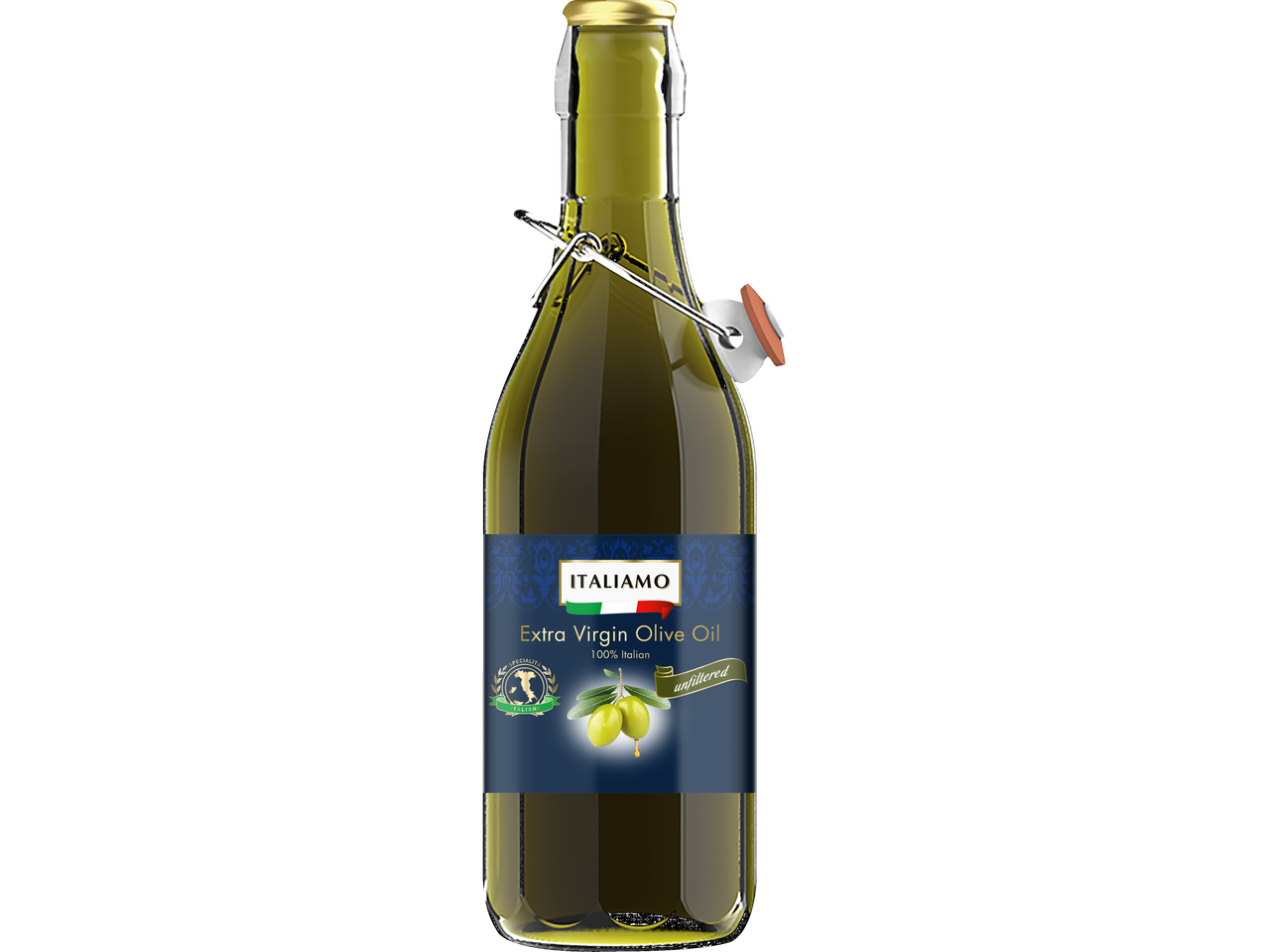 A bottle of extra virgin olive oil with a blue label featuring olives and the Italian flag.
