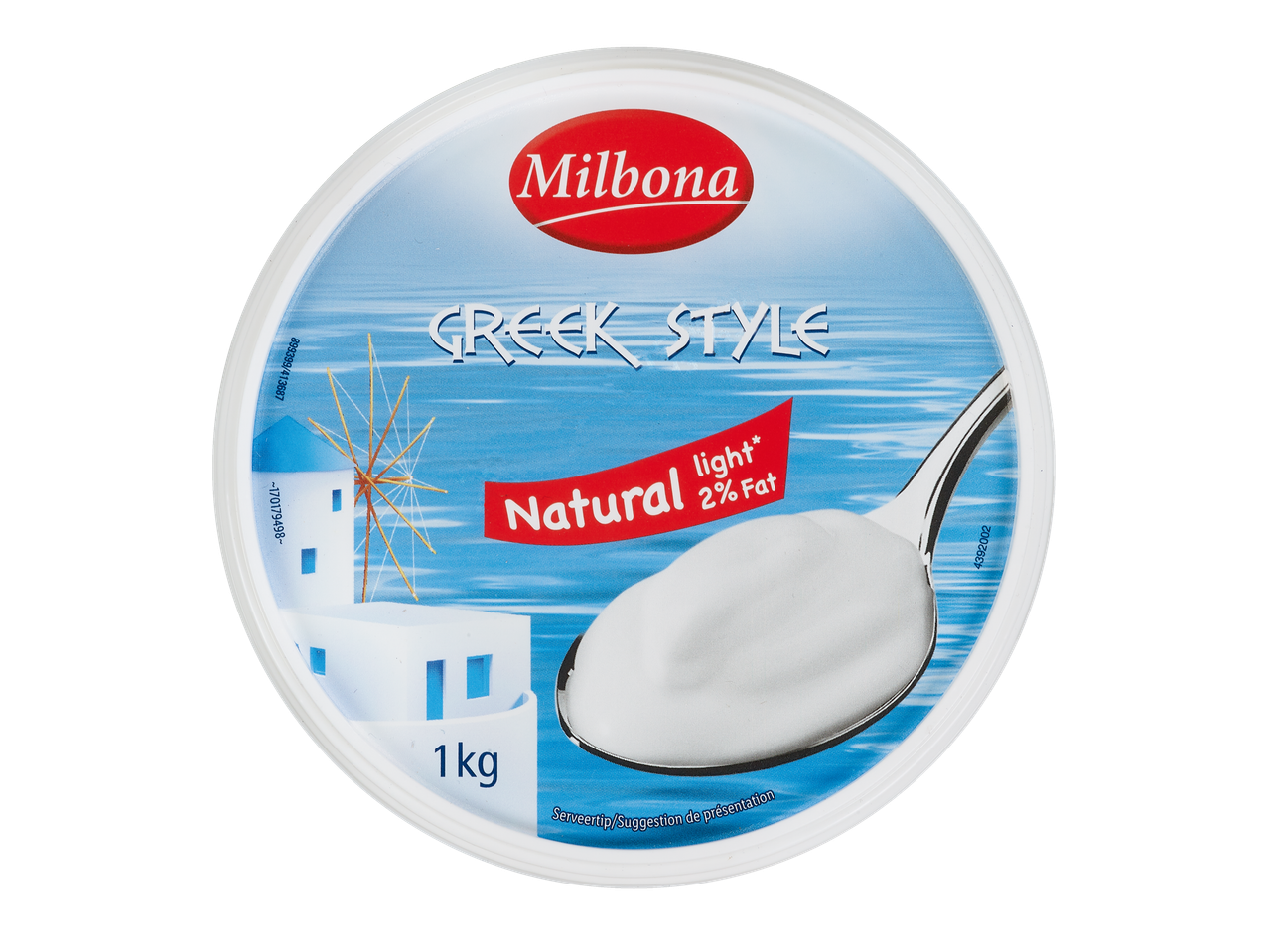 Yaourt Milbona Grec Naturel léger 2% de matières grasses, pot de 1kg avec une cuillère et des images d'île grecque.