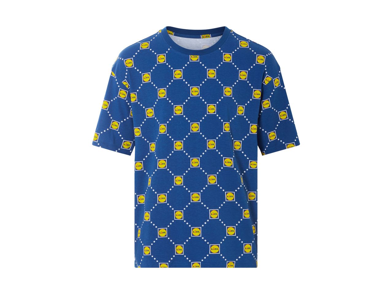 Blå T-shirt med gentagne Lidl-logoer i et gittermønster.