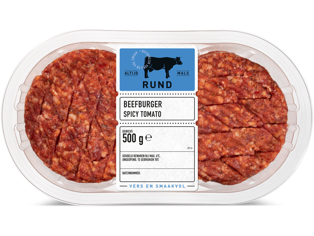 Twee spicy tomaat beefburgers, 500g.