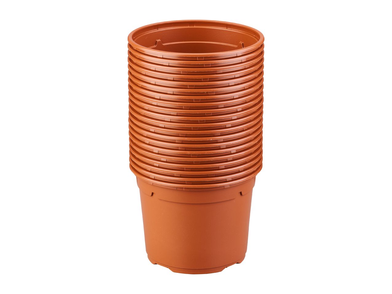 Stack of brown plastic plant pots