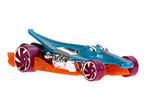 A blue and orange toy car with purple wheels, resembling a futuristic race car.