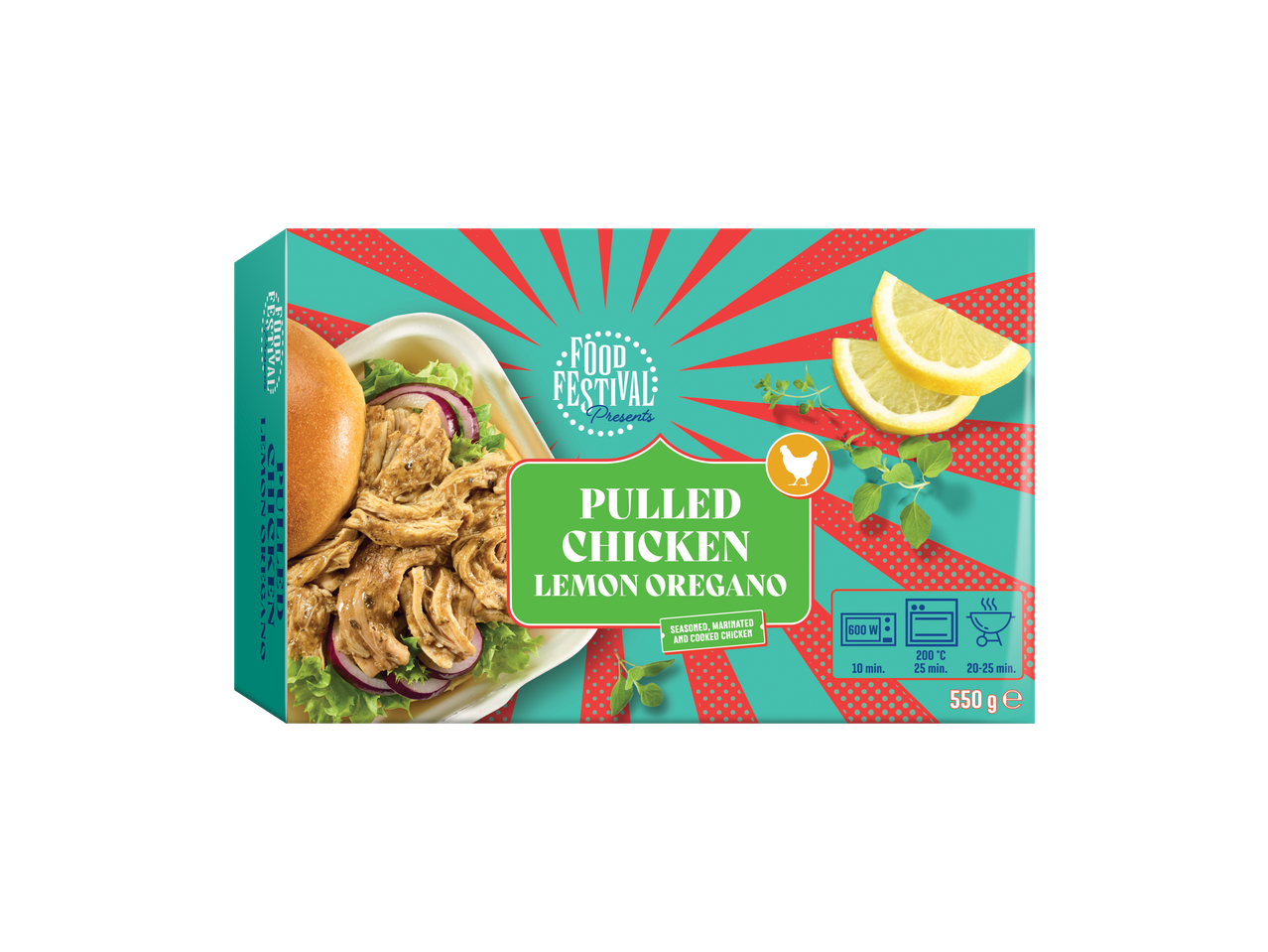 Food Festival Pulled Chicken Citroen Oregano, 550g, met kookinstructies.