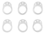 Six clear plastic rings with three small holes at the top, arranged in two rows of three.