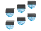 Six Livarno LED solar lights with blue shell-shaped diffusers on a black background.
