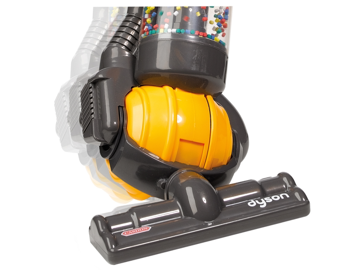 Casdon belaidis žaislinis dulkių siurblys, pilkas ir geltonas, su spalvotais rutuliukais.