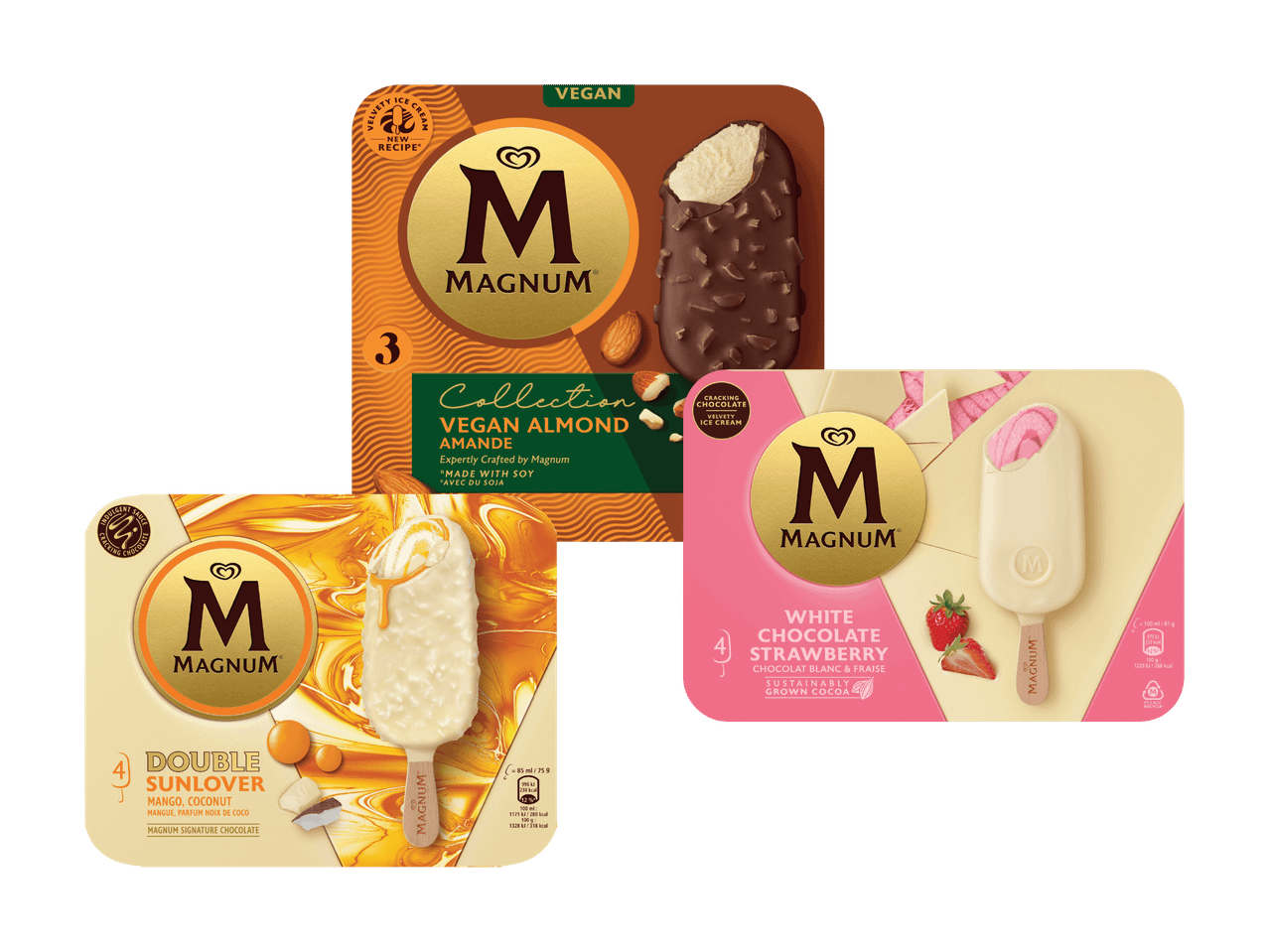 Drei Magnum-Eis am Stiel in verschiedenen Geschmacksrichtungen.