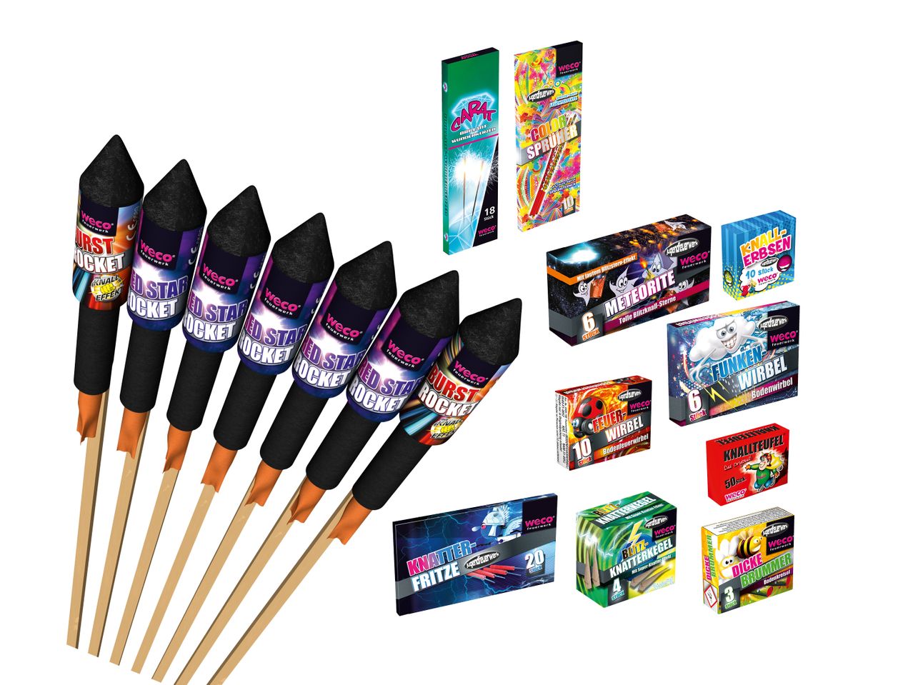 Eine Auswahl an Weco Feuerwerkskörpern, darunter Raketen, Wunderkerzen, Knallerbsen und Bodenkreisel.